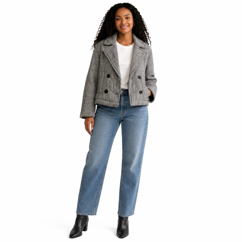 ZARA Womens Cropped Jacket XS Black White Houndstooth Plaid Preppy Chic Academia